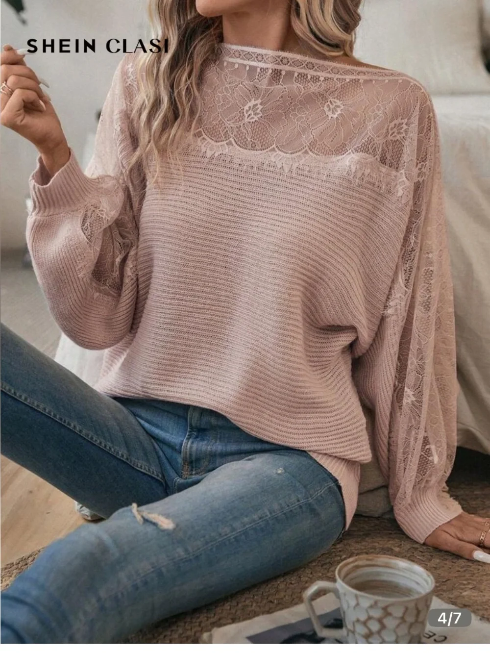 SHEIN Blush Pink Lace Off-Shoulder Sweater